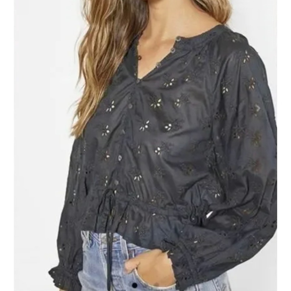 Outerknown Poet Blouse Organic Cotton Eyelet‎ Lace Button Front Top L Black NWT